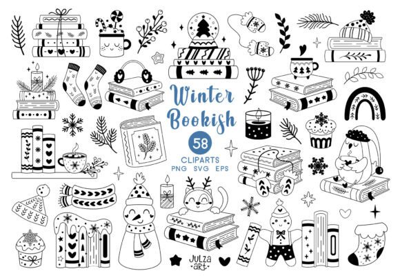 Black Winter Bookish Clipart: Cozy Illustrations