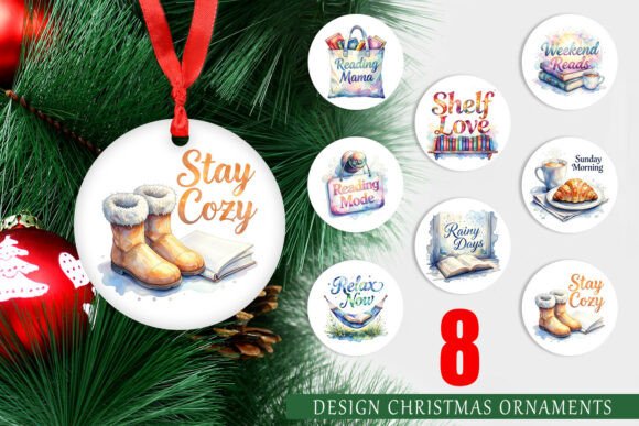 Cozy Retro Book Watercolor Ornament PNG & Illustrations