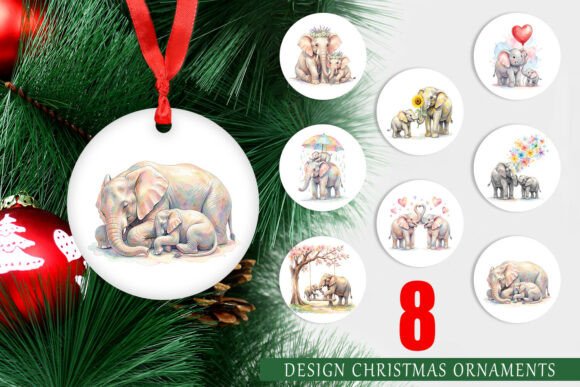 Elephant Mother Baby Digital Ornament & Illustrations