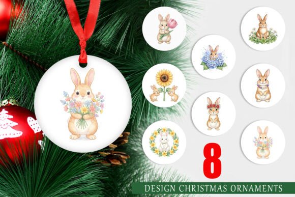 Floral Spring Easter Bunny Ornament PNG & Illustrations