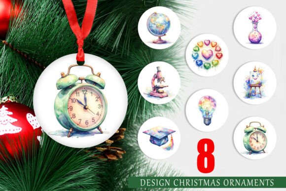 Retro Groovy School Watercolor Ornament Illustrations