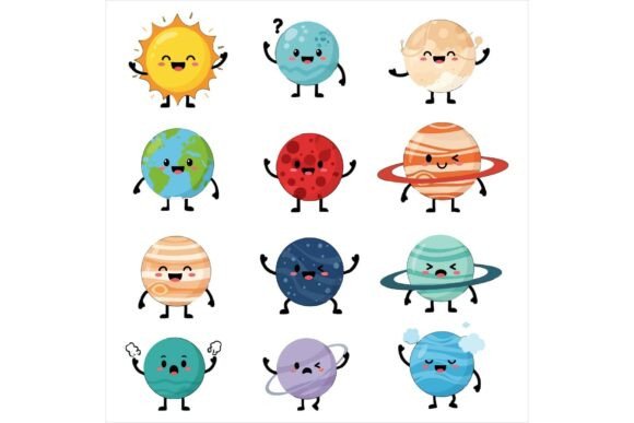 Solar System Cartoon Characters Smiling Illustrations